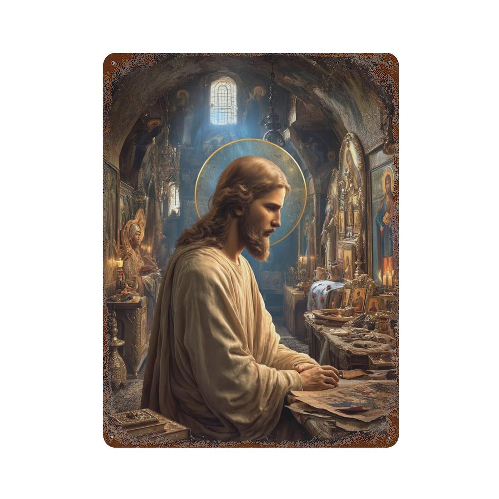 Christian Church Interior with Jesus Statue Retro Metal Sign 15.7"x11.8", Ideal for Basement, Hobby Room And Garage Decor