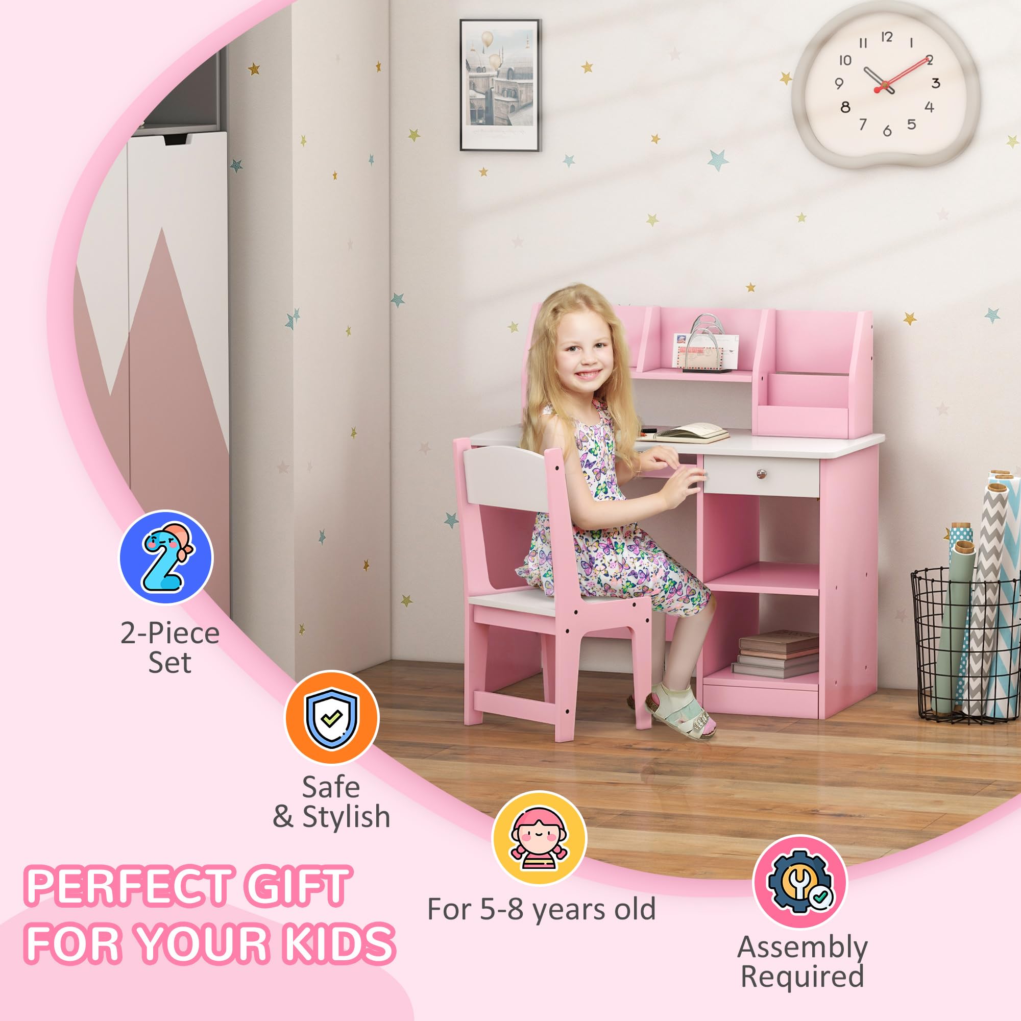 ZONEKIZ Set di scrivania e sedia per bambini 2 pezzi con cassetto per tastiera, rosa