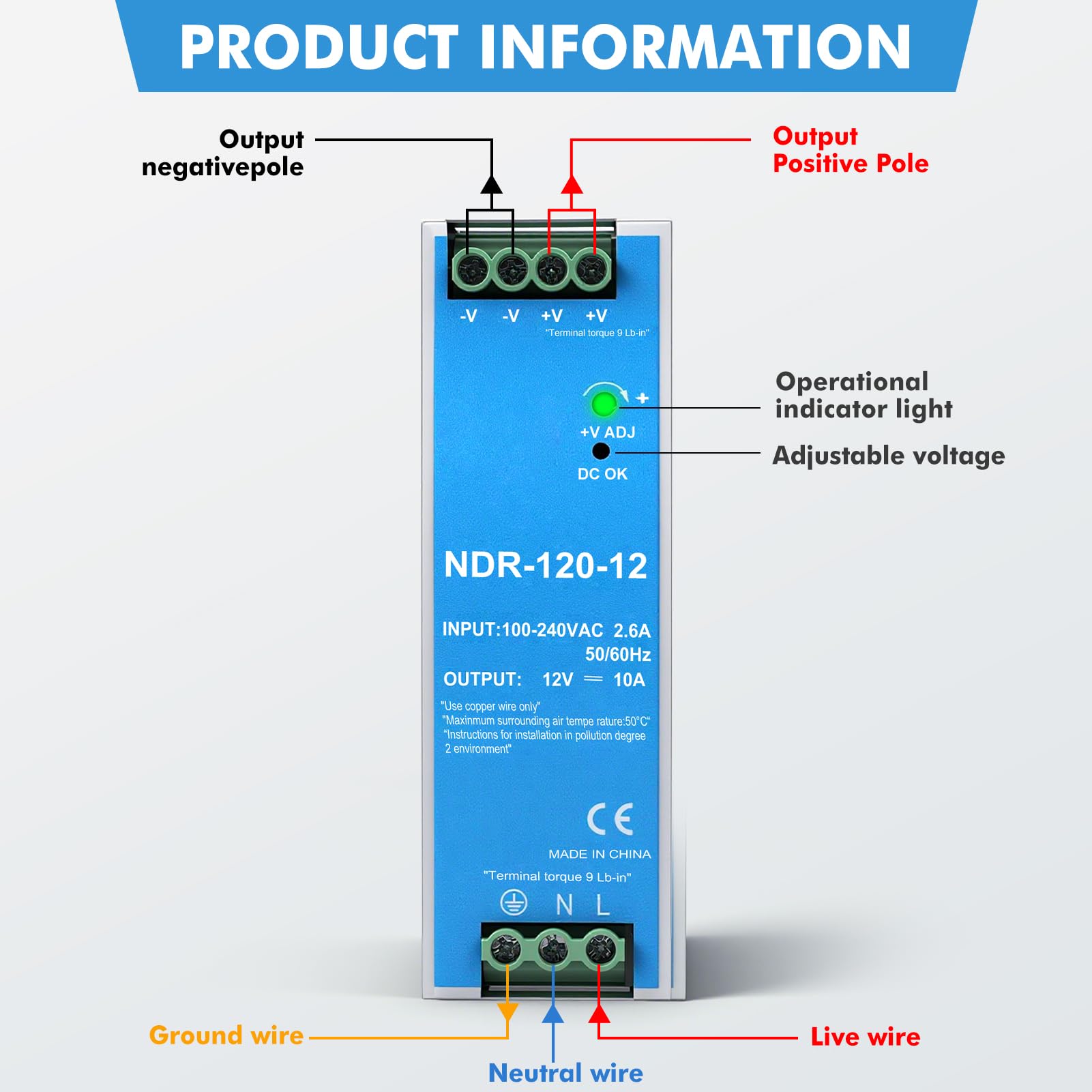 Alimentation sur rail din 12V 10A 120W bloc d'alimentation pour rail din transformateur Entrée AC100-240V 2.6A sortie DC 12V 10A alimentation à découpage industrielle NDR-120-12