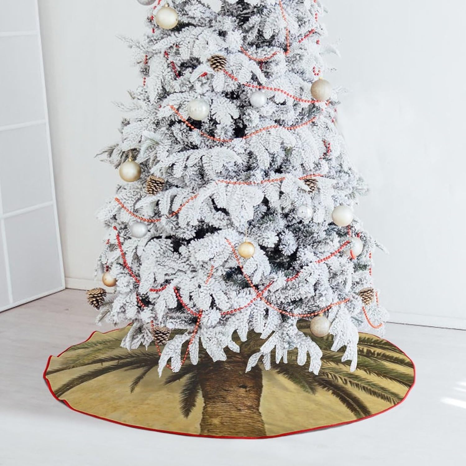 Christmas Tree Skirt,for Xmas Tree Holiday Party Decorations Palm Tree Tropical Printed Christmas Tree Mat Red Lace-up Christmas Tree Dress