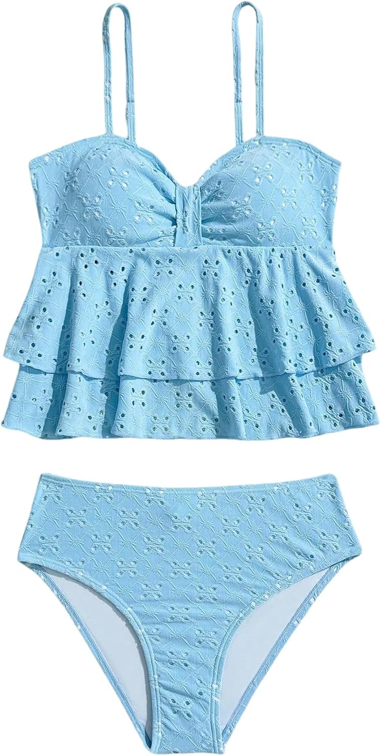 Verdusa Girl's 2 Piece Eyelet Tankini Set Ruffle Tiered Layered Camisole Tops with Panty Swimsuits