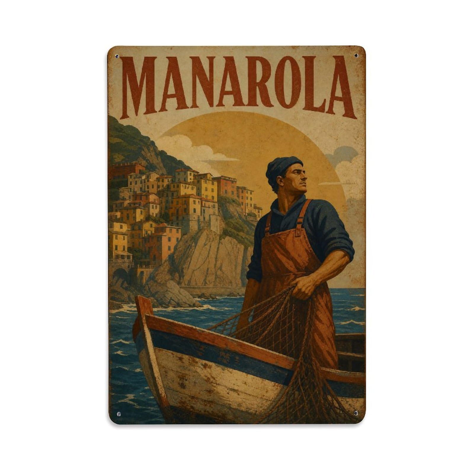 Huiyhb 8X12inch(20X30cm) Vintage Manarola Fishing Tradition Maritime Culture Italy Metal Tin Sign
