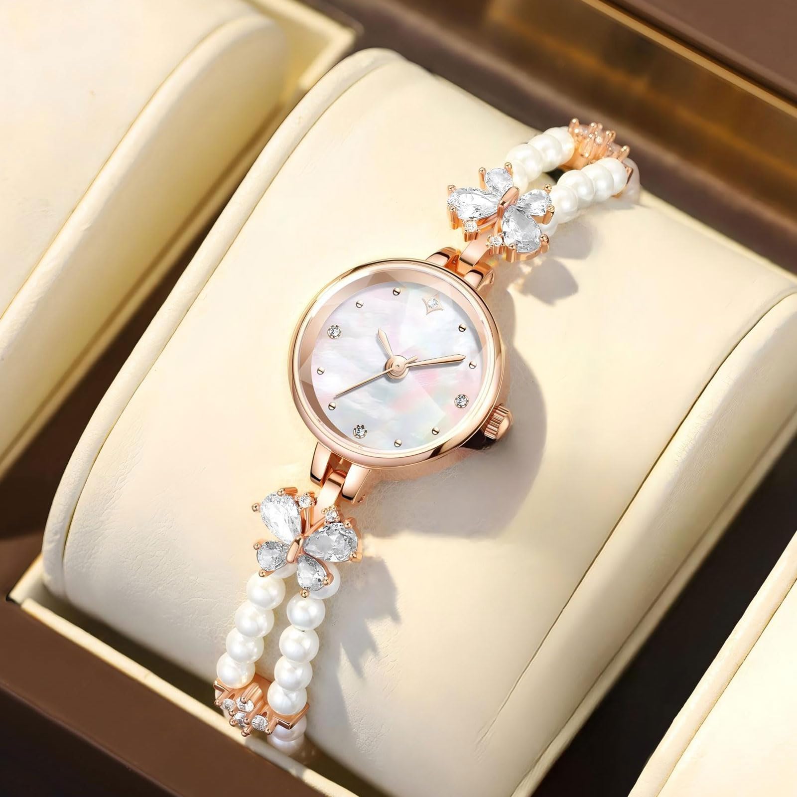 findtime Orologio analogico da donna, impermeabile fino a 3 ATM, rotondo, al quarzo, elegante, vintage, con perle, squisito orologio alla moda, da donna, con perline e strass
