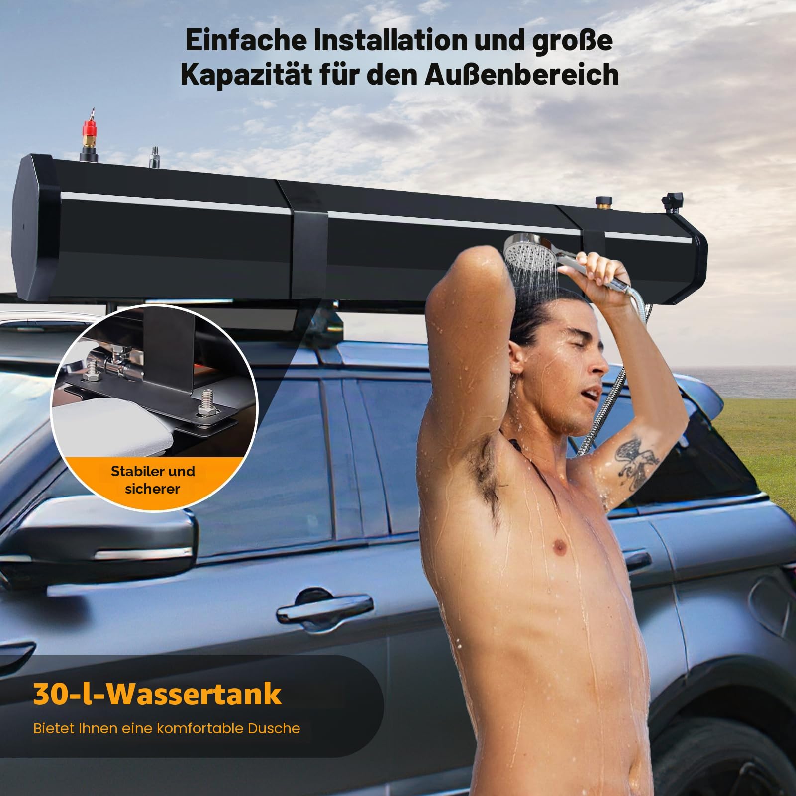 Premium Auto Camping Dusche 30L, Solardusche Camping Dusche mit Heizfunktion für SUV, Offroad & Wohnmobil, Fahrzeug Dusche mit Druckwasserpumpe, Dachträger Montage, Outdoor Dusche für Camping Reisen