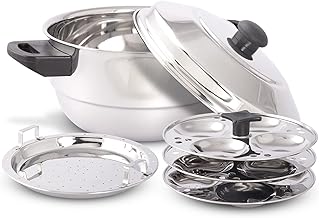KSJONE Stainless Steel 5 pcs Multi Kadai (Induction Friendly) with Stainless Steel lid, 3 idli Plates (12 Idlis), 1 patra Plate, Silver