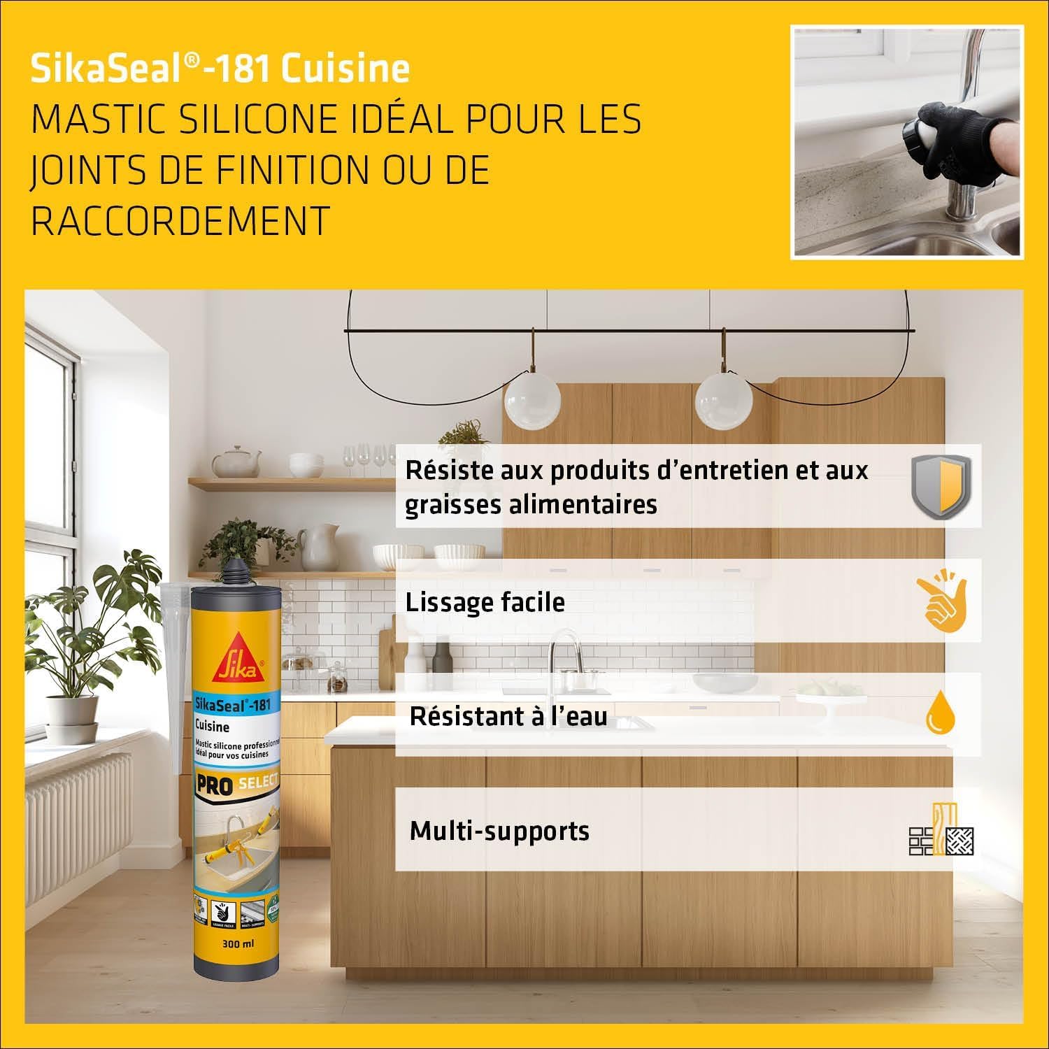 SIKA - Mastic silicone sanitaire - Spécial cuisines - Int/Ext - Longue durée - Blanc - 300 ml + Résine pour traitement intérieur des murs humides - Anti-moisissure - Anti-humidité - 2L