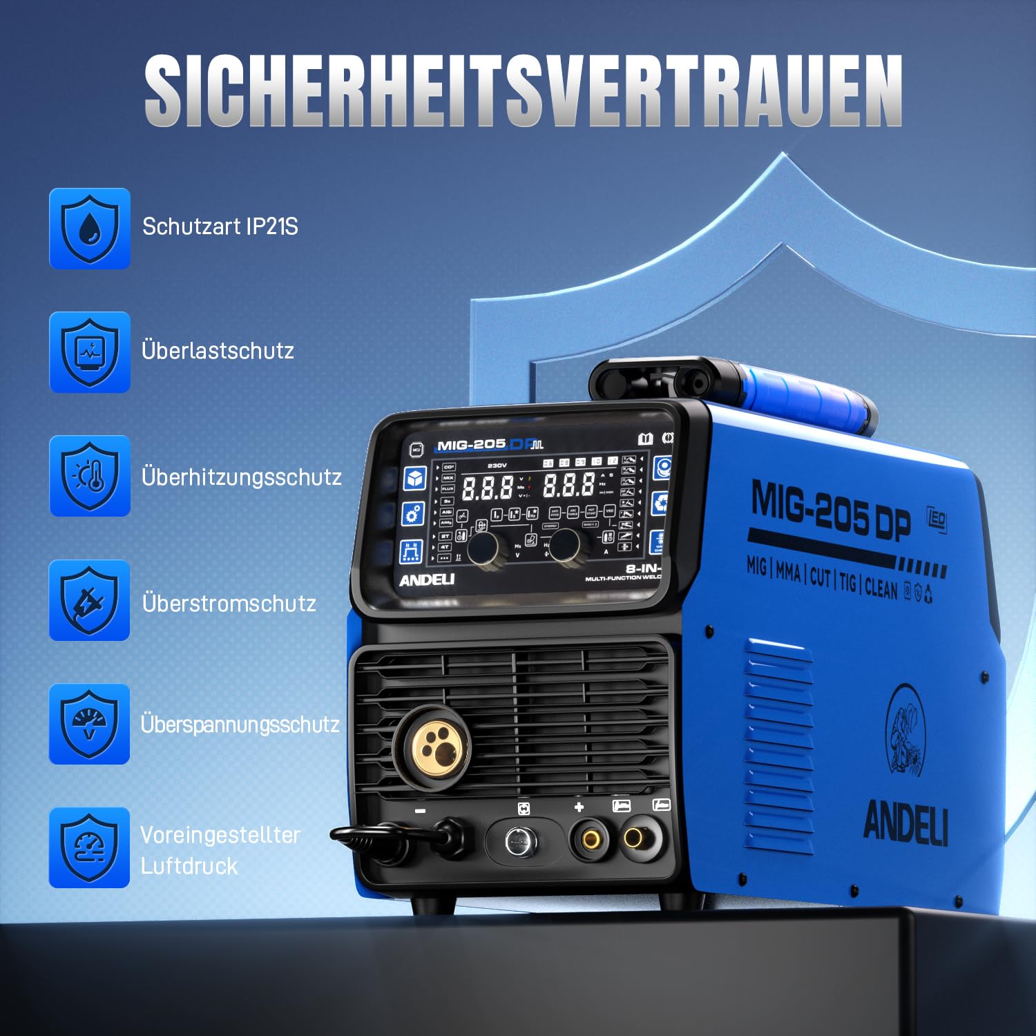 ANDELI MIG-205DP 8-in-1 Multiprozess-Schweißgerät 230V – 205A Puls-MIG/Gas-MIG/WIG HF/Plasmaschneider/Fülldraht/Cold/Clean/E-Hand, IGBT, für Alu/Stahl/Edelstahl, Neuestes Modell 2026