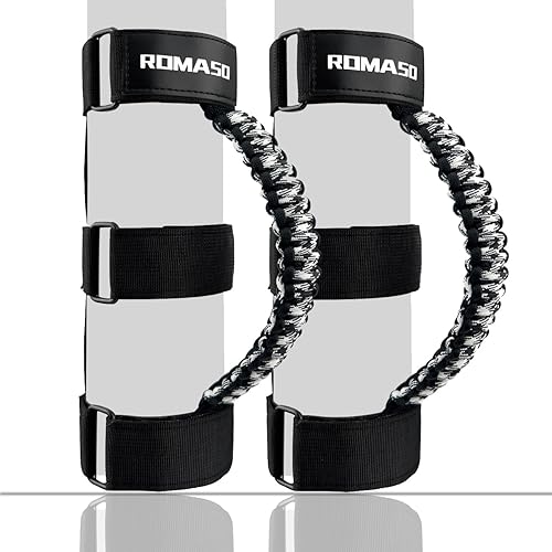 ROMASO Asas de agarre para Jeep Wrangler, asas de agarre de barra enrollable, material de paracaídas, camuflaje blanco y negro, paquete de 2