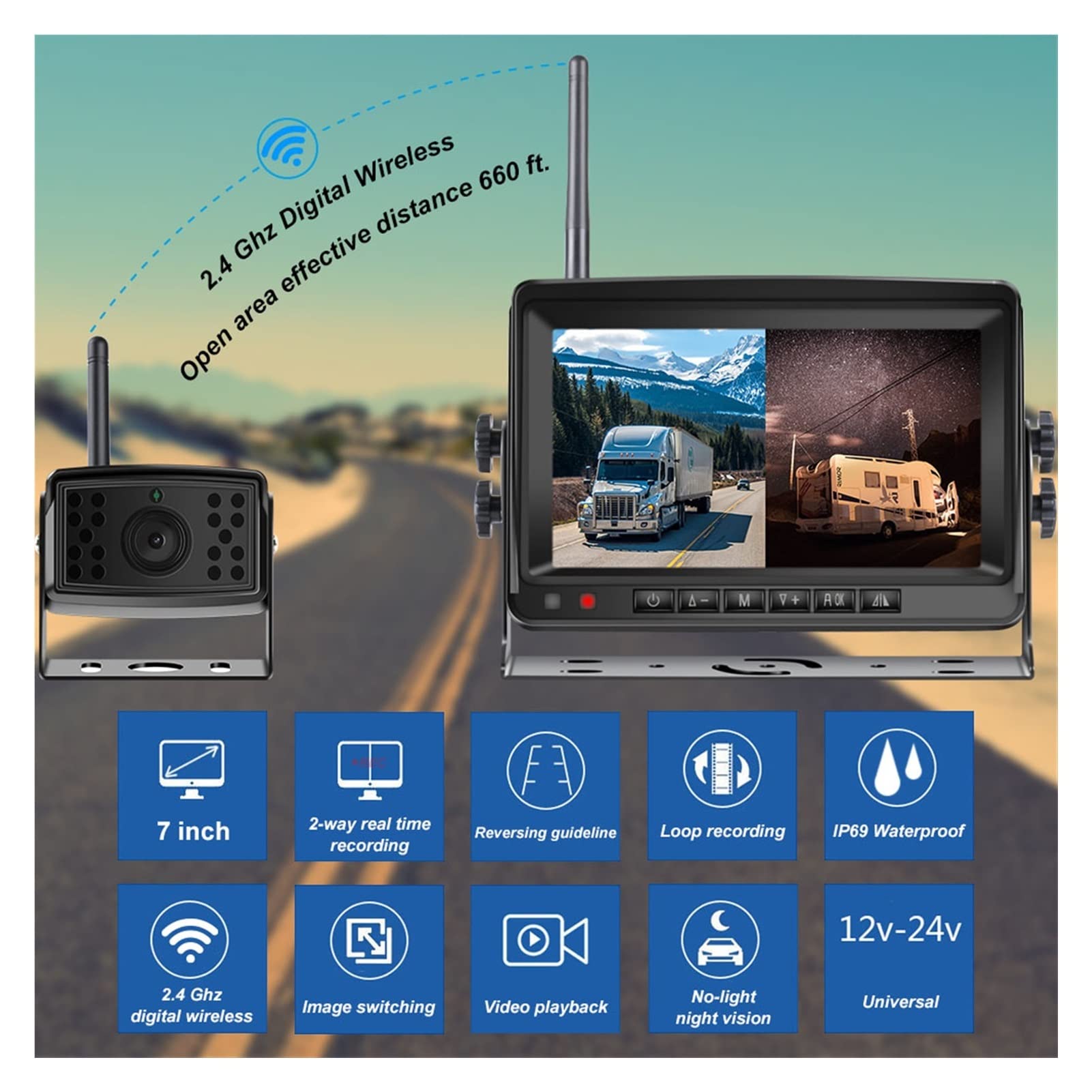 GPS pour Voiture, 2ch Ahd Camion sans Fil DVR Écran d'affichage de Voiture Moniteur 7" Ivre Vision Night Enregistreur Sauvegarde inversée Appareil Photo WiFi for Bus RV(Type2)