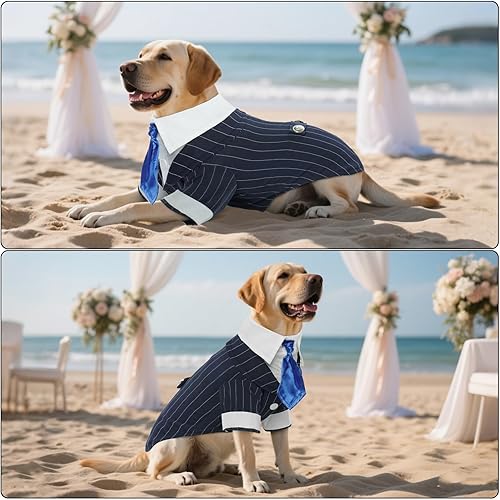Miniatura 3 de DENTRUN Traje de esmoquin azul marino para perro - Camisa de traje formal con rayas para mascotas con corbata de satén, elegante atuendo de boda y