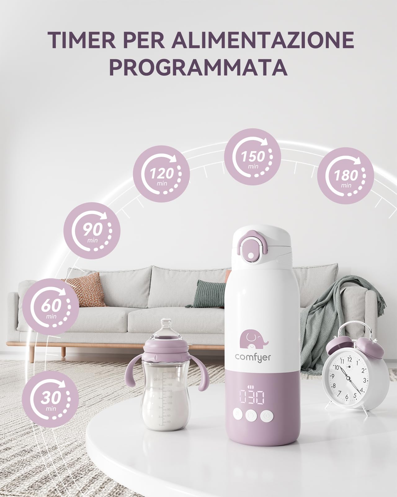 comfyer Scaldabiberon Portatile, Riscaldamento Rapido e Lunga Durata della Batteria, 2 Modalità per Latte Materno e Acqua, Grande Capacità di 340ml per Tutto il Giorno