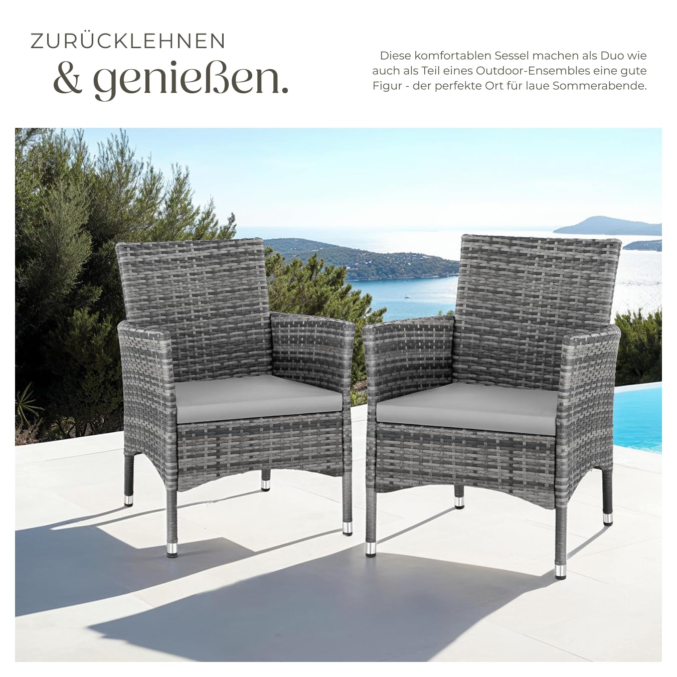 tectake® 2er Set Gartenstuhl aus Polyrattan, Gartenmöbel Set mit 2 Sessel, Outdoor Rattansessel inklusive Sitzpolster und 2 Bezugssets, rostfreie Edelstahlschrauben, pflegeleicht - grau/hellgrau