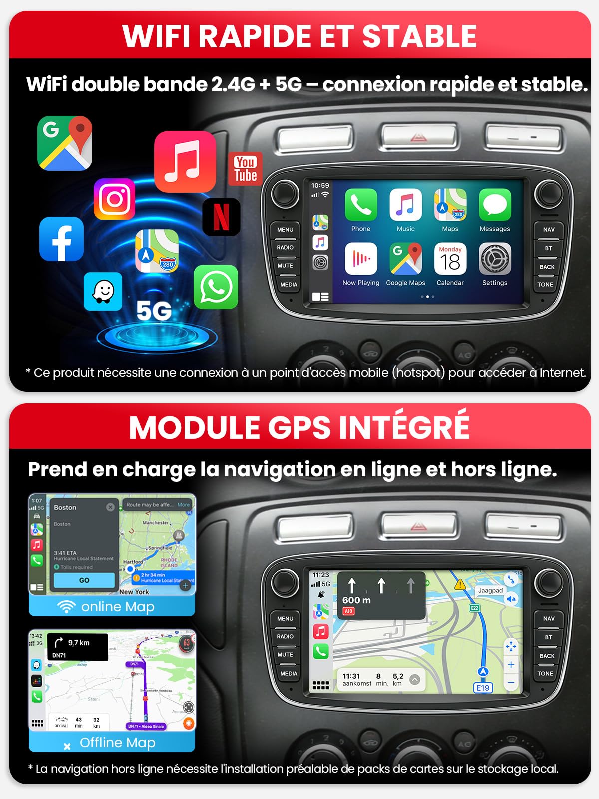 Autoradio Double DIN avec Écran pour Ford Mondeo Focus S-Max Galaxy, CarPlay & Android Auto sans Fil, Écran Tactile Auto 7", 4 Go+64 Go, Bluetooth WiFi 5 GHz Dab+ FM AUX GPS