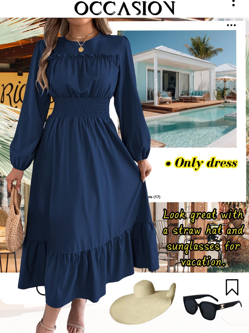 Ruffle Maxi Dress for Women, Pleated A Line Flowy, Business Casual, Holiday Modest Long Sleeve Smocked Spring