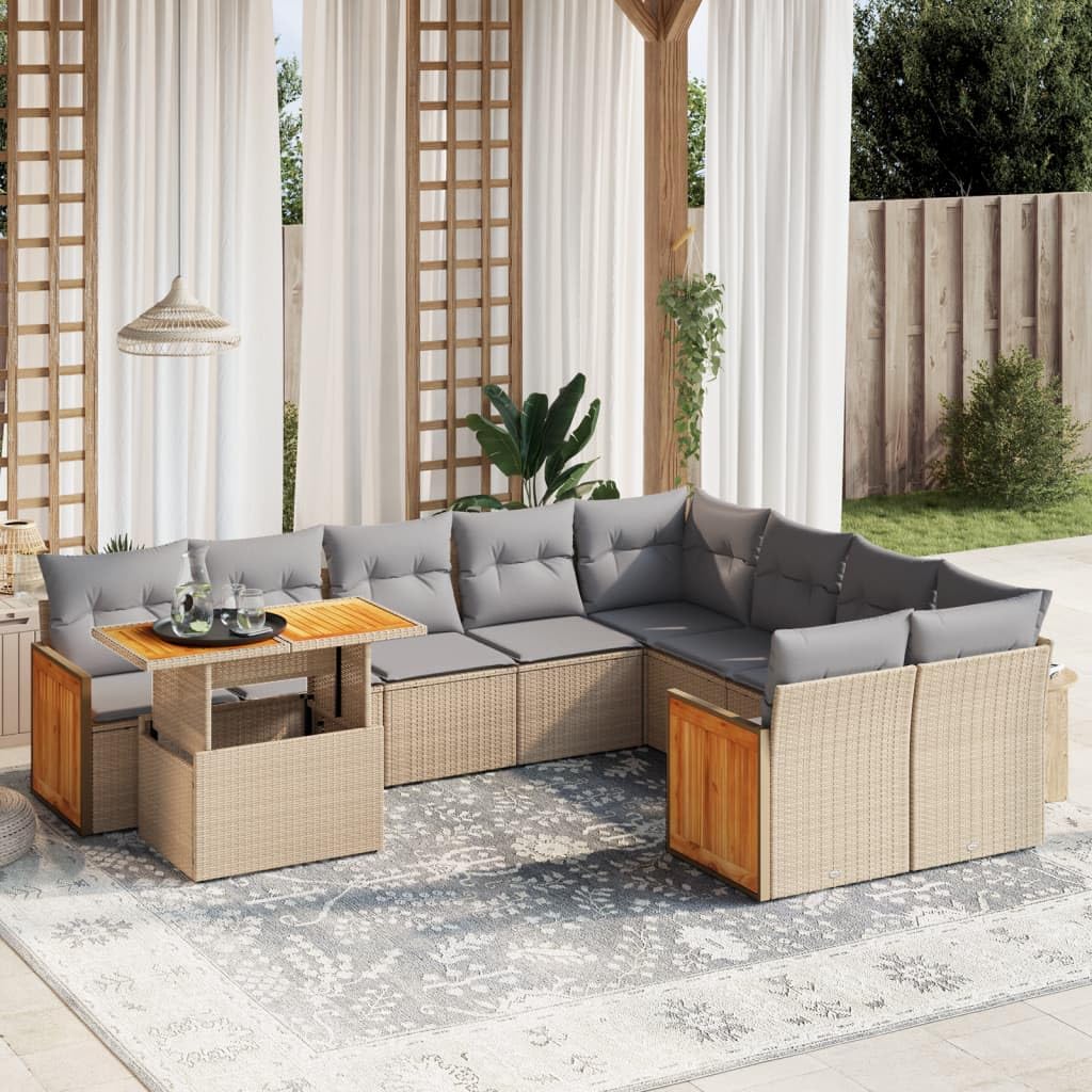 Set Divano da Giardino 10 pz con Cuscini Beige in Polyrattan,Set di Conversazione per Patio,Set Salotto da Esterno,Set Divano da Giardino Esterno-3274125