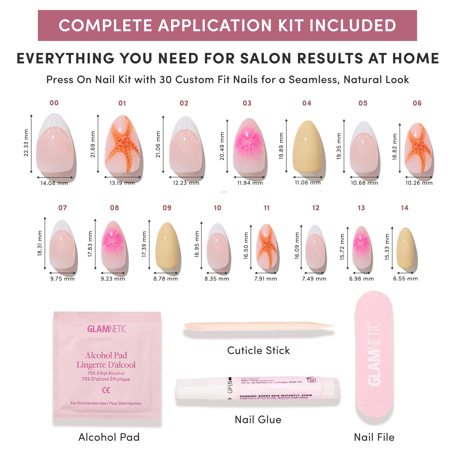 Glamnetic Press On Nails - Short Almond Fake Nails with Tropical 3D Nail Art | Salon Quality Vacation Nails | Sunset Tide |15 Sizes - 30 Nail Kit with Glue