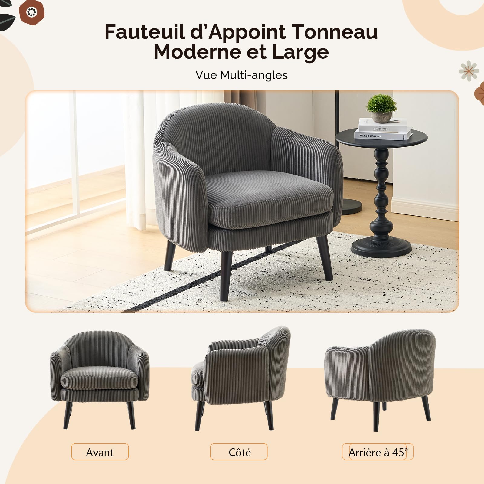 Bonnlo Fauteuil de Salon Moderne avec Accoudoirs, Canapé 1 Place avec Pieds en Bois Massif, Chaise de Bureau Rembourrée et de Forme Ronde, pour Salon, Chambre, Salle, Velours Côtelé, Gris Foncé