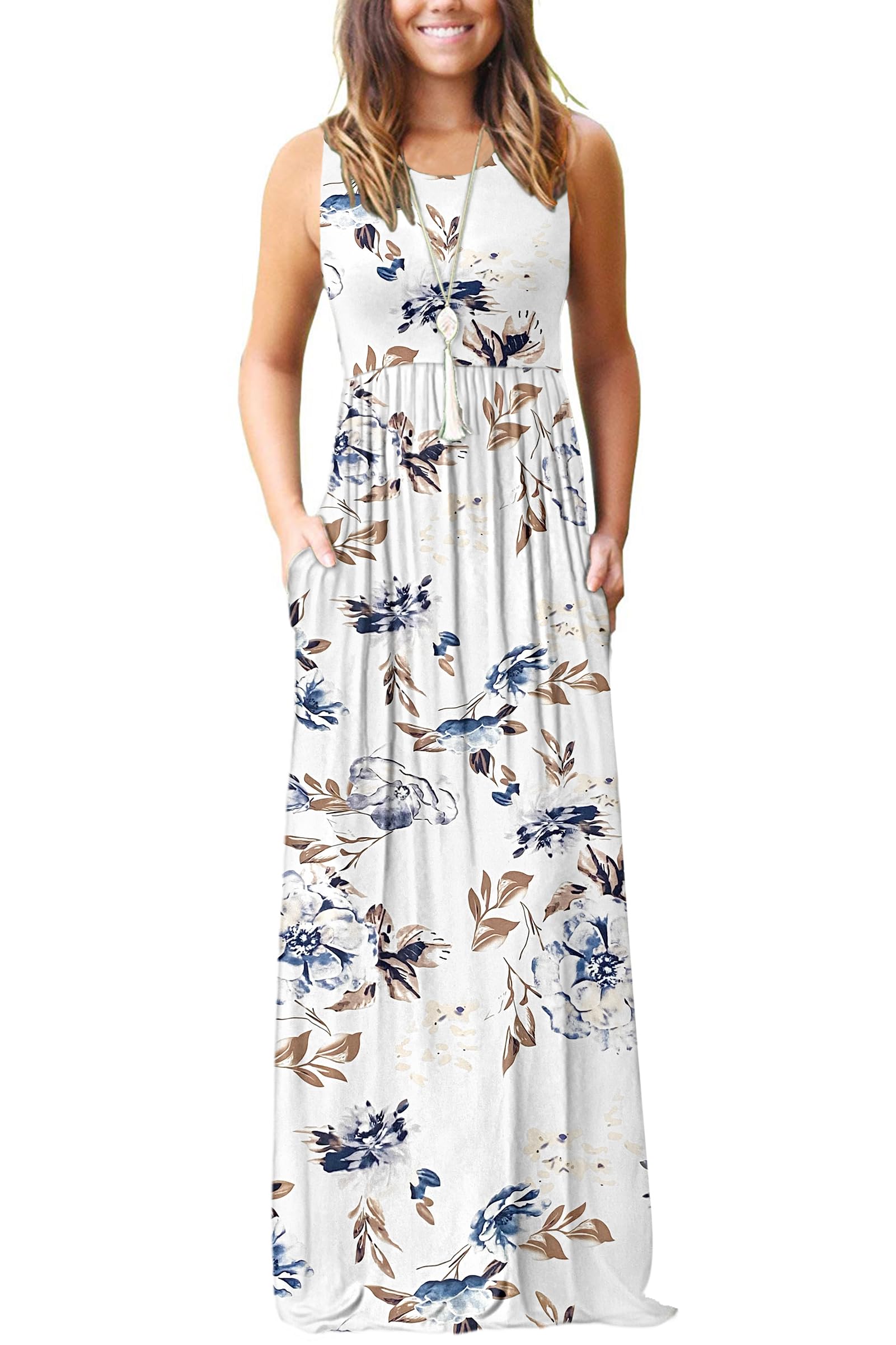 AUSELILY Women's Summer Sleeveless Loose Plain Casual Long Maxi Dresses | Year Round wear solid floral print, Casual daily wear, Empire waist, Floor length, Side pockets New