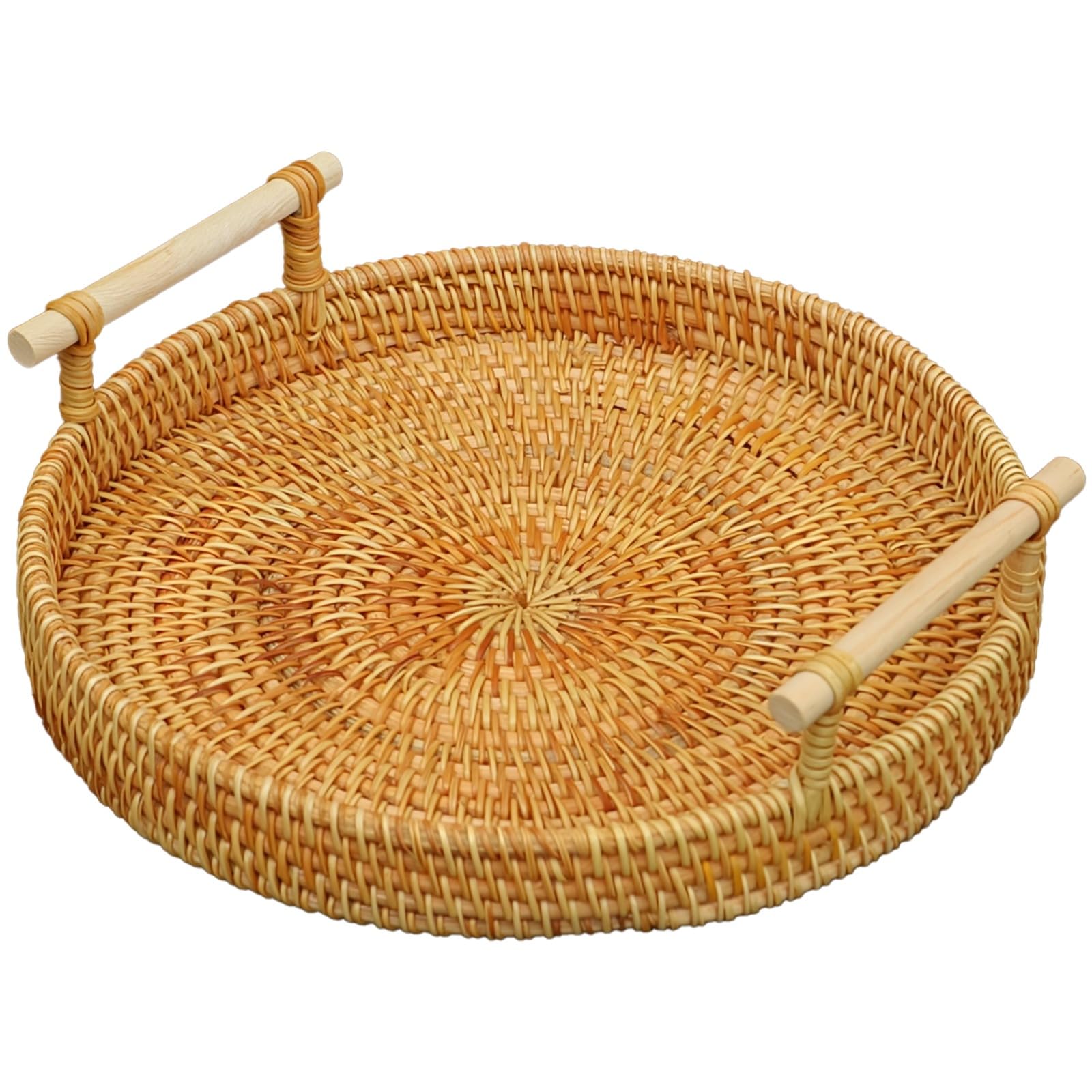 Packool Handwoven Rattan Fruit Tray with Wooden Handles, Decorative Trays for Coffee Table, Versatile for Fruit, Bread, Snacks, 9.4 in / 24 cm Serving Tray, Round Wicker Tray