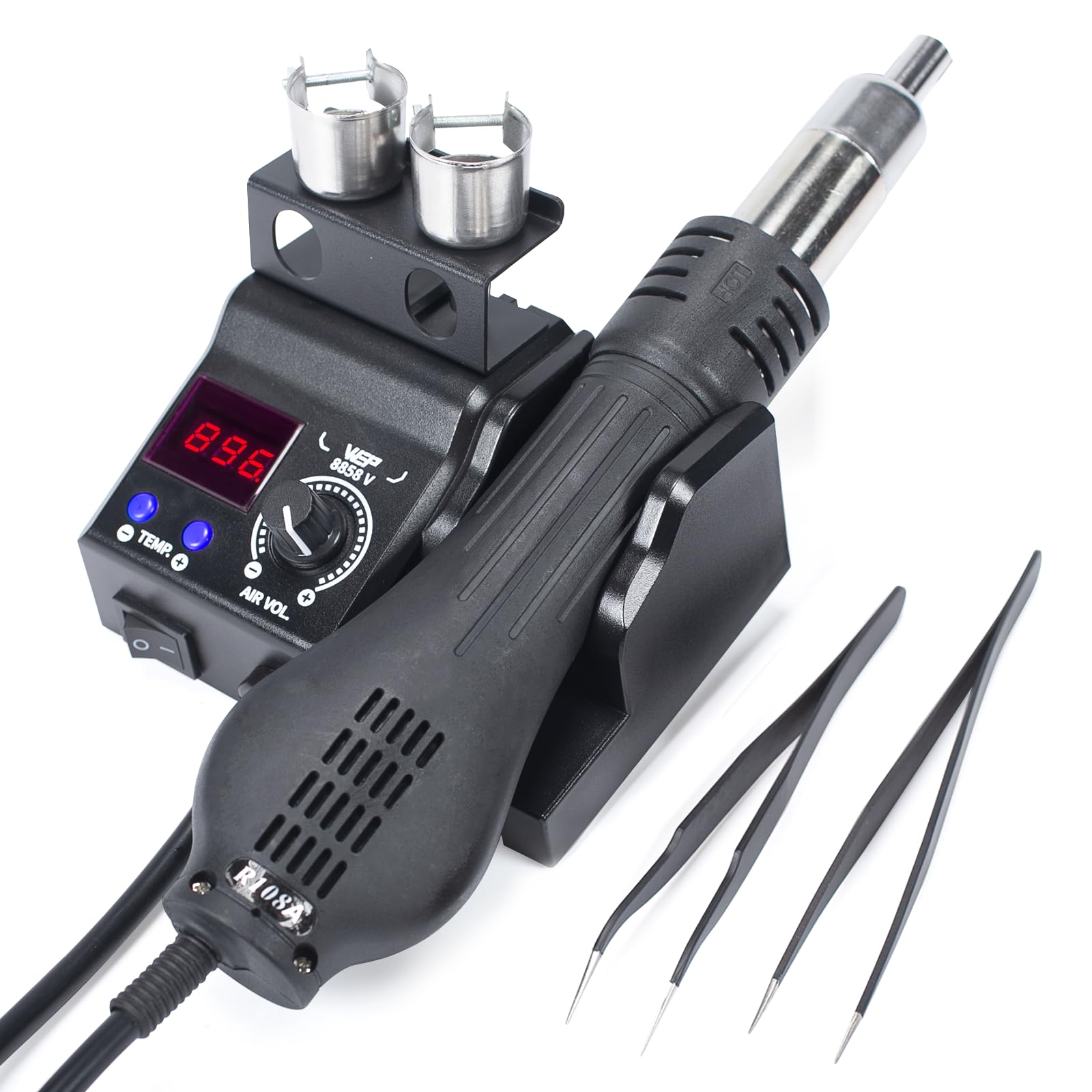 WEP 8858-V Hot Air Rework Station Kit with Compact Size, Integrated Nozzle Holder, 3 Nozzles, 2 Tweezers, Adjustable Temperature& Air Volume, PID Program, °C/°F Conversion and More