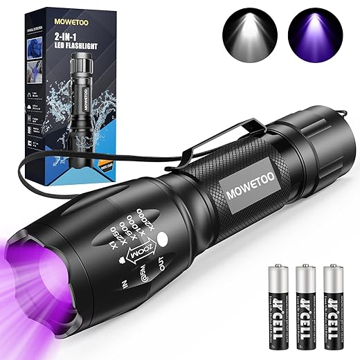 MOWETOO UV Flashlight, 2 in 1 395 nm LED Flashlight with UV Black Light & White Light, 500LM, 4 Modes & Waterproof Pet Urine Detector