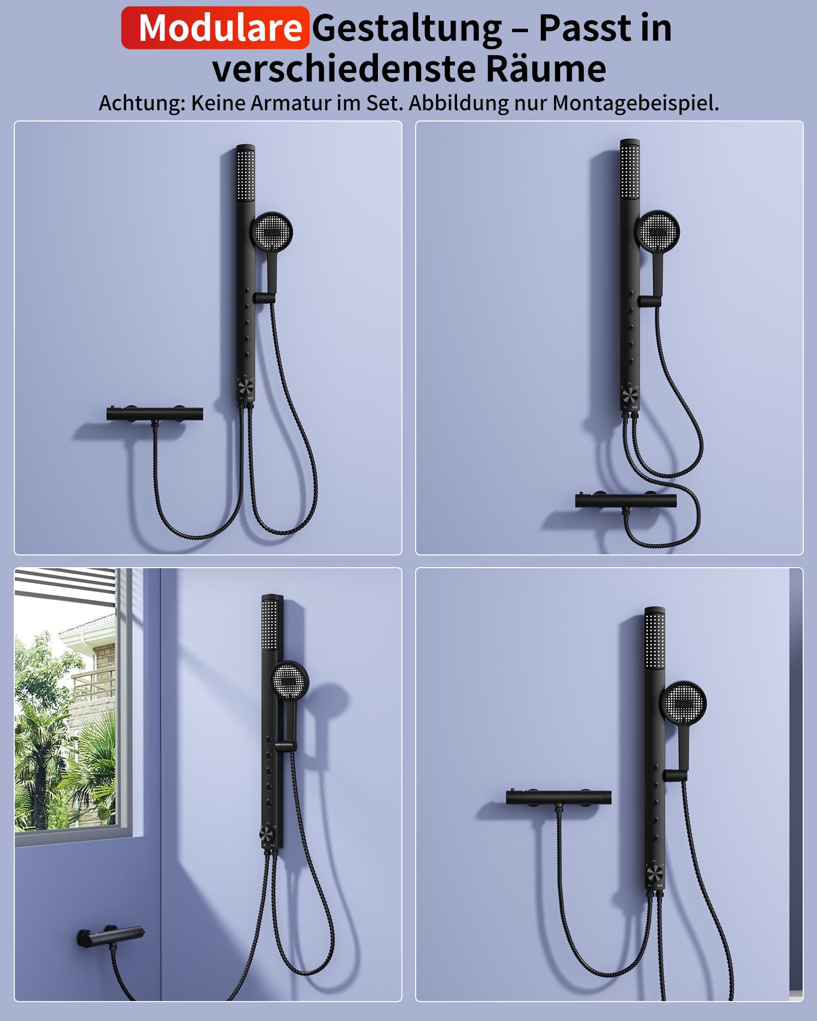 Rainsworth Regendusche ohne Armatur, Höhenverstellbares Duschset, Schwarz | Duschsystem mit 3 Strahl Handbrause, Schlauch & Halterung, 40cm Verstellbare Duschstange für Komfortable Badezimmer Duschen