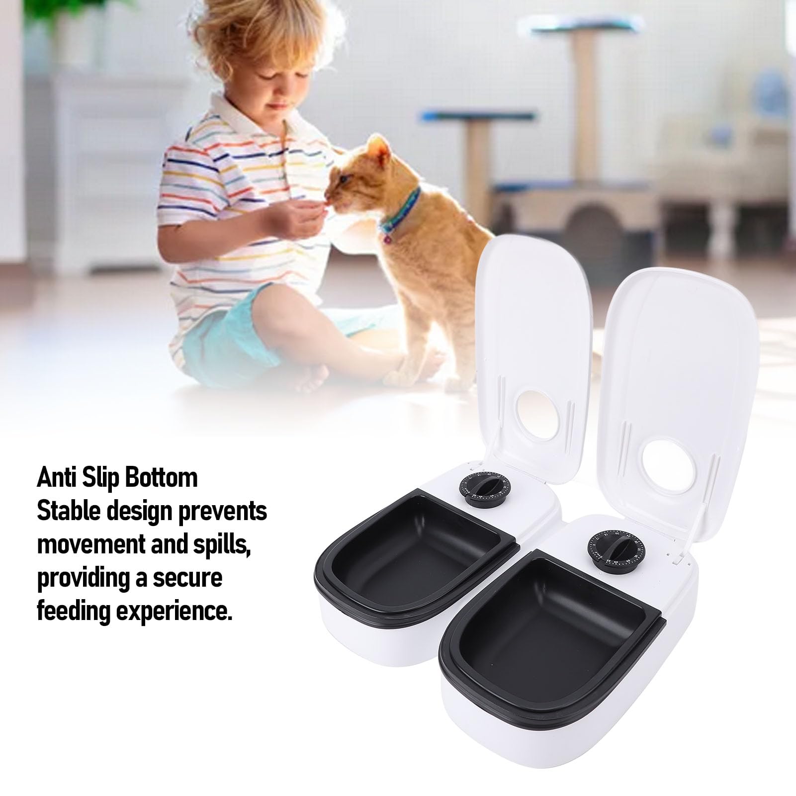 Generic Alimentatore Automatico per Cani e Gatti per 2 Pasti Alimentazione Temporizzata Fondo Antiscivolo Cibo Secco Umido Ciotole Separate Dispenser di Cibo per Animali Domestici per Programma di