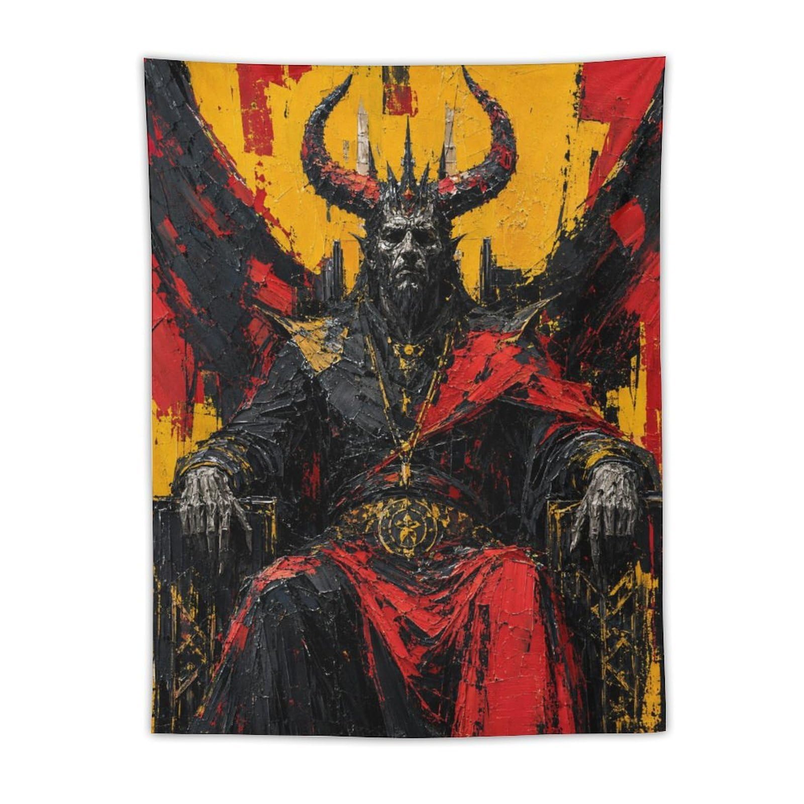 H3B8U2Y5 Dark Horned King Wall Tapestry, Fantasy Illustration, Red Gold