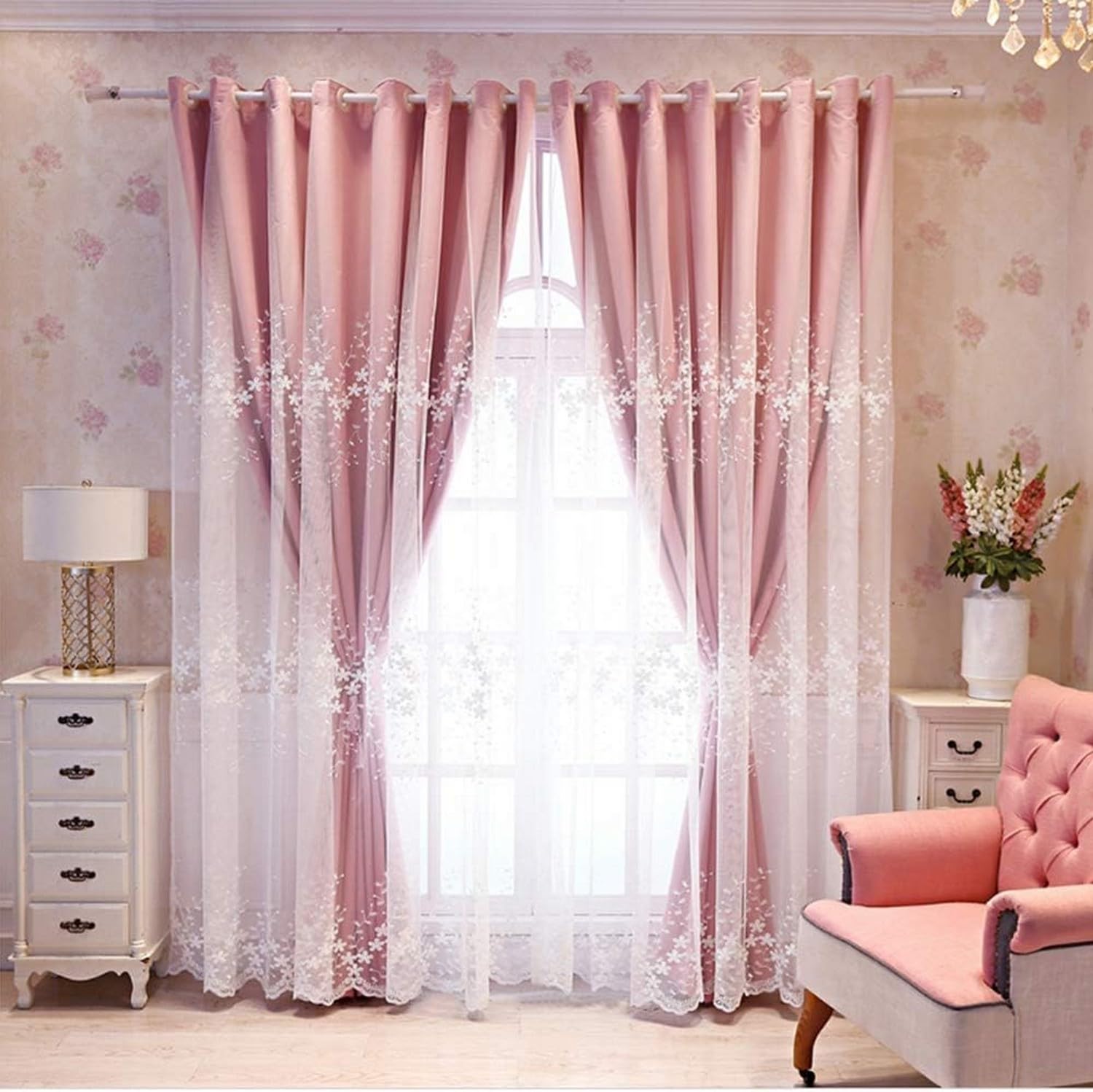 Rideau occultant double couche rose dentelle brodée panneau moderne salon