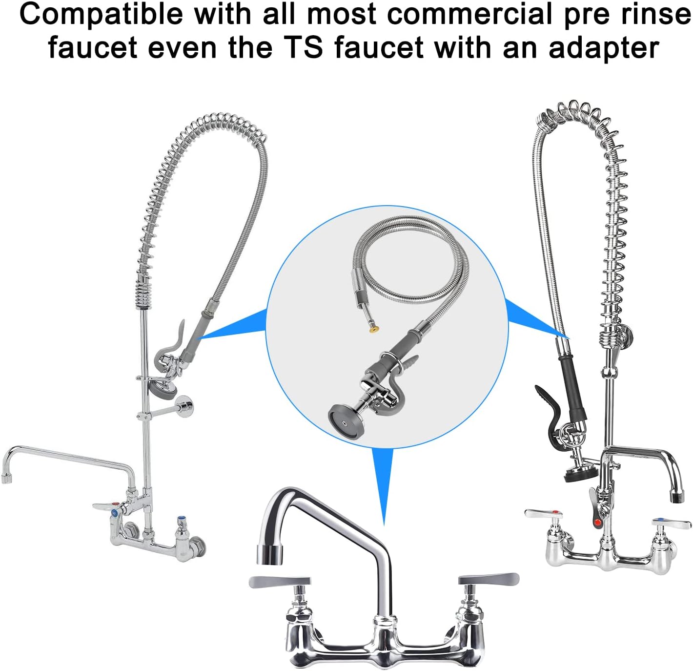 KWODE Spray Valve with Pre-Rinse Hose 60”Flexible Stainless Hose with High Pressure Pre Rinse Sprayer Nozzle Head Assembly Kit for Commercial Restaurant Industrial Kitchen Faucet