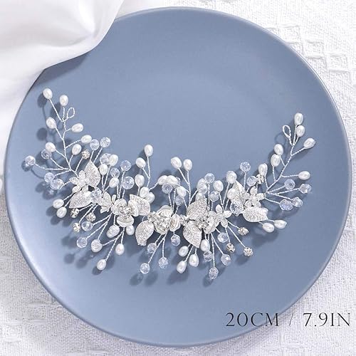 Miniatura 2 de Easedaily Boda de novia pelo vid plata flor hoja nupcial tocados perla pelo accesorios para mujeres y niñas, Perla