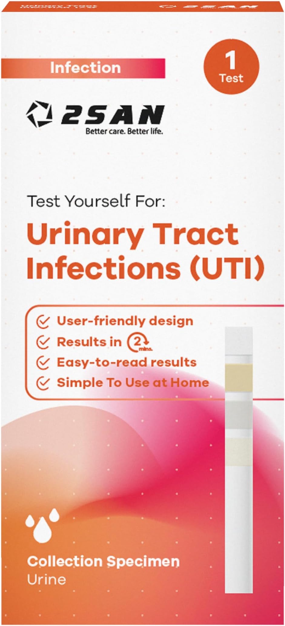 2San UTI Test Strips for Infection Detection kit, at Home Urine Test Strips for Leukocytes and Nitrite – 1 Test – Fast Results in 2 Minutes, Comfortable Grip, Easy to Use Dipstick