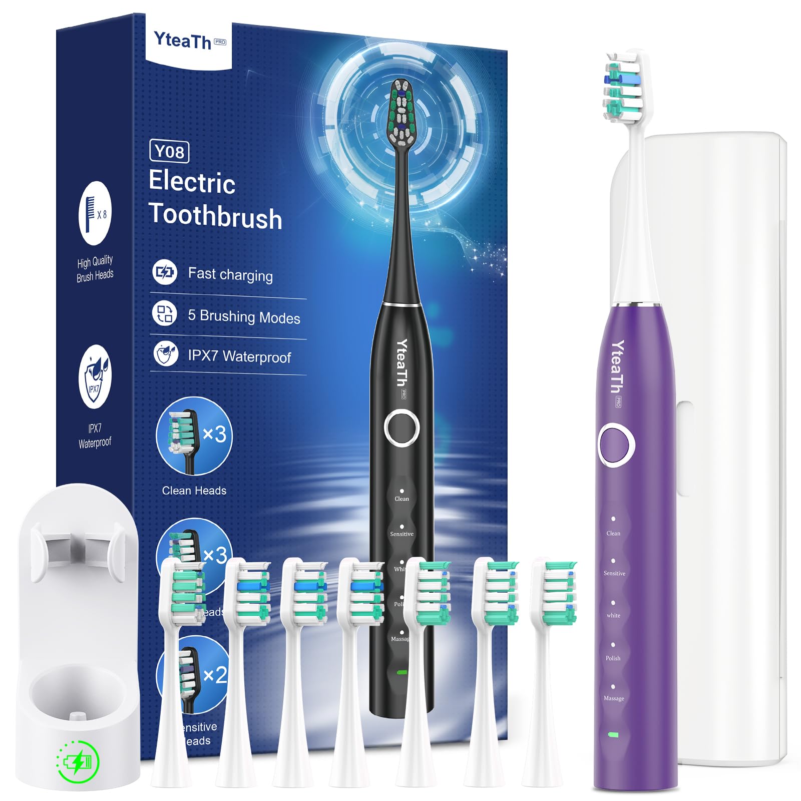 Sonic Electric Toothbrush for Adults and Kids - Sonic Toothbrush with 8 Toothbrush Heads (3 Types) and 5 Modes, 120 Days Battery Life, 50000 VPM, Travel Case and Wall Holder, 2 Minute Timer
