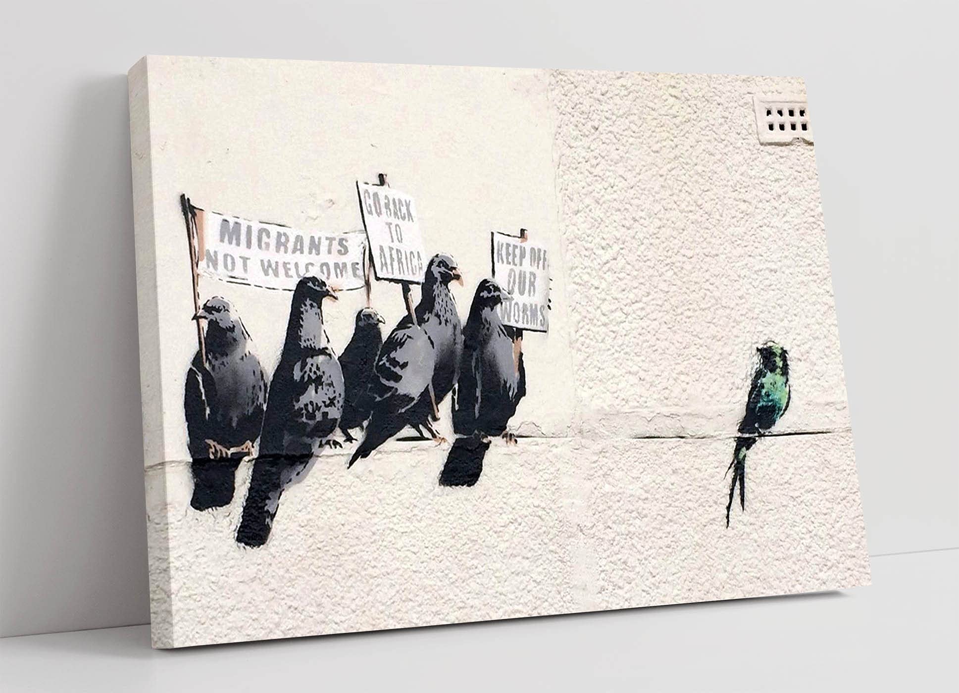 Canvasartshop Cream - Banksy Racist Pigeons- Canvas Wall Art Picture Print (12X8)