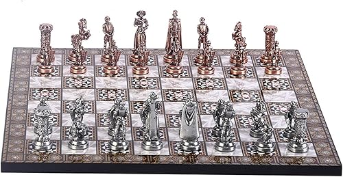 Juego de ajedrez medieval de metal de cobre antiguo del ejército británico para adultos, piezas hechas a mano y diseño de mosaico, tablero de