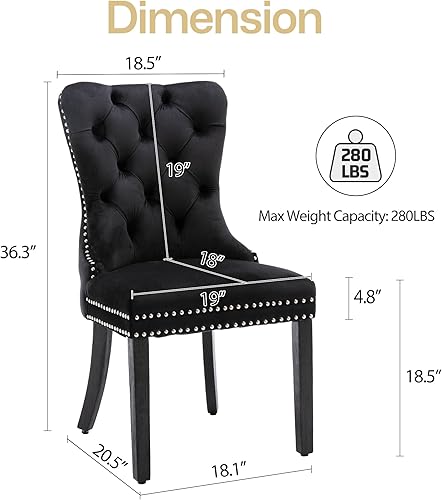 Miniatura 3 de Nikki Collection - Juego de 6 sillas de comedor de terciopelo con patas de madera y anillo de tracción, sillas laterales de lujo con ribete de Negro