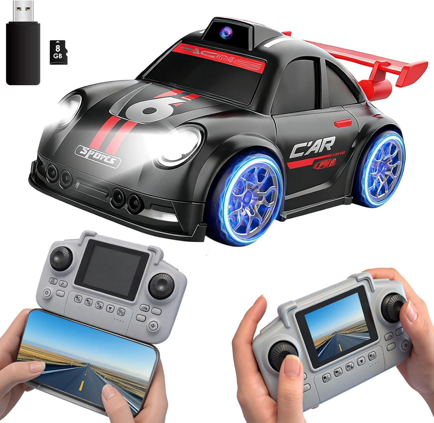 Mini RC Car with Camera, 2.4" Screen FPV Remote Control Car with 8G Card, Rechargeable 360° Drift Kids Small RC Racing Car Dual Control via Remote & App Controlled Vehicles, Follow/Escape/Demo Modes