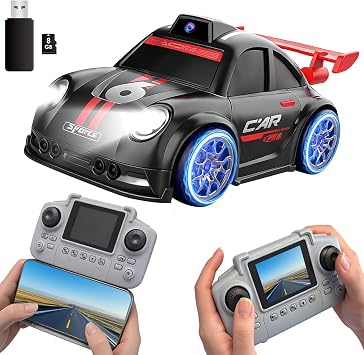 Mini RC Car with Camera, 2.4" Screen FPV Remote Control Car with 8G Card, Rechargeable 360 Drift Kids Small RC Racing Car Dual Control via Remote & App Controlled Vehicles, Follow/Escape/Demo Modes