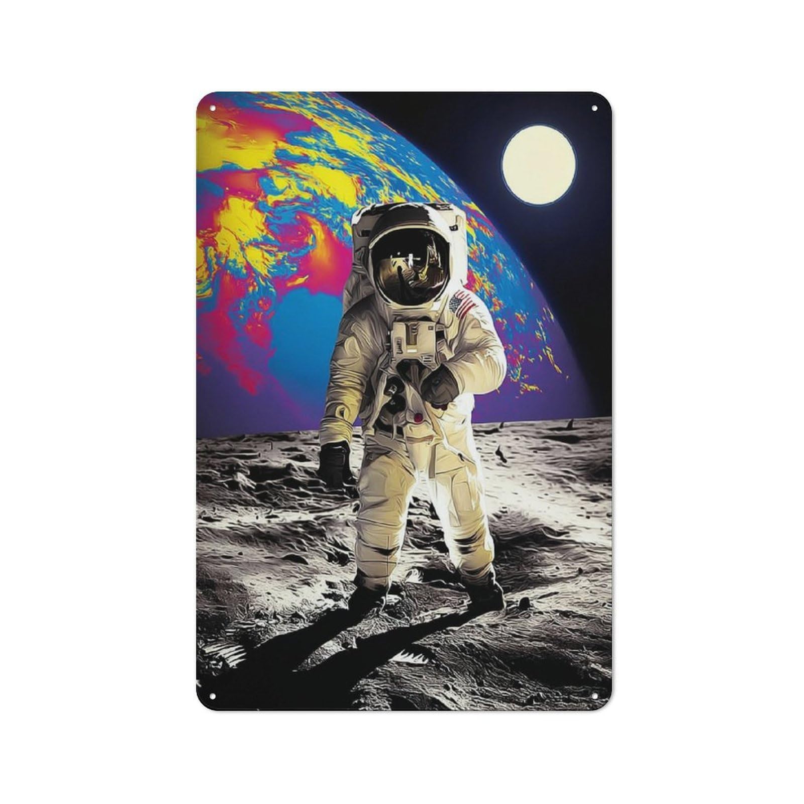 Junmoney Astronaut On The Moon With Earth In Backgroun Country Metal Sign With D Design 30X20cm, Farmhouse Farmhouse Wall Decor For Kitchen, Cottage, Porch Or Garden Room