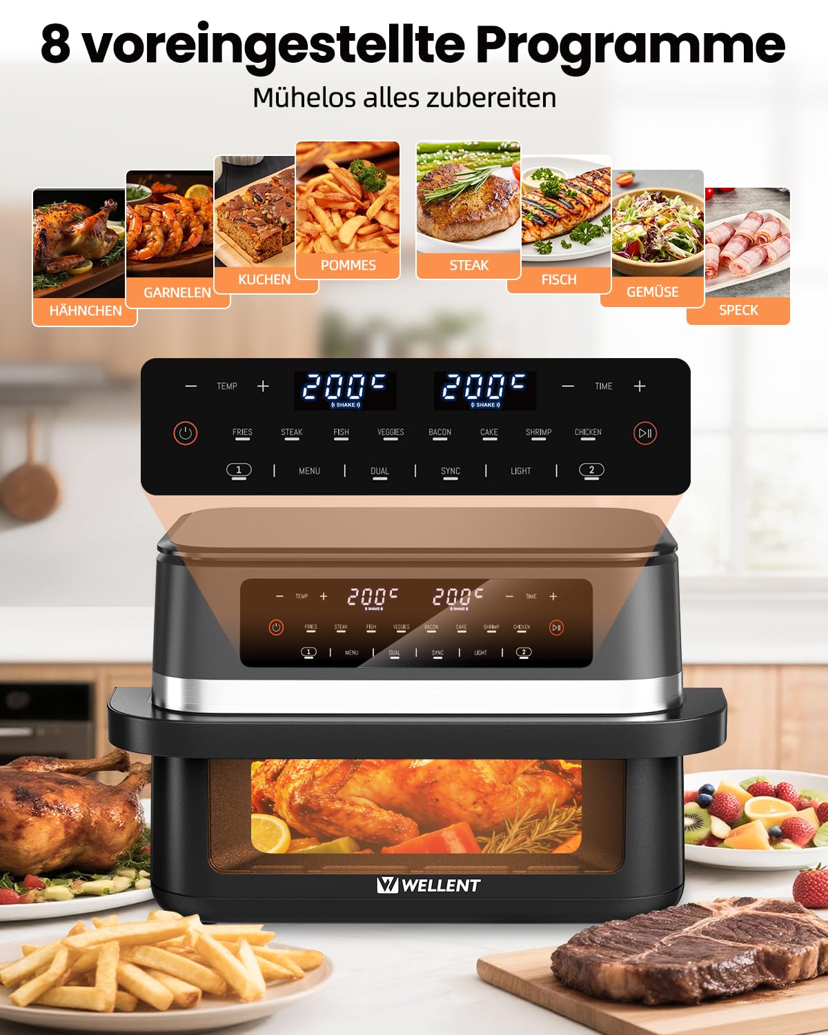 WELLENT 12L Dual Zone Airfryer XXL - 2950W Heißluftfritteuse 2 Kammern(6+6L) - Heissluftfritteuse Doppelkammer mit Sichtfenster, Match & Sync-Funktion, Schüttel-Erinnerung, Spülmaschinenfest