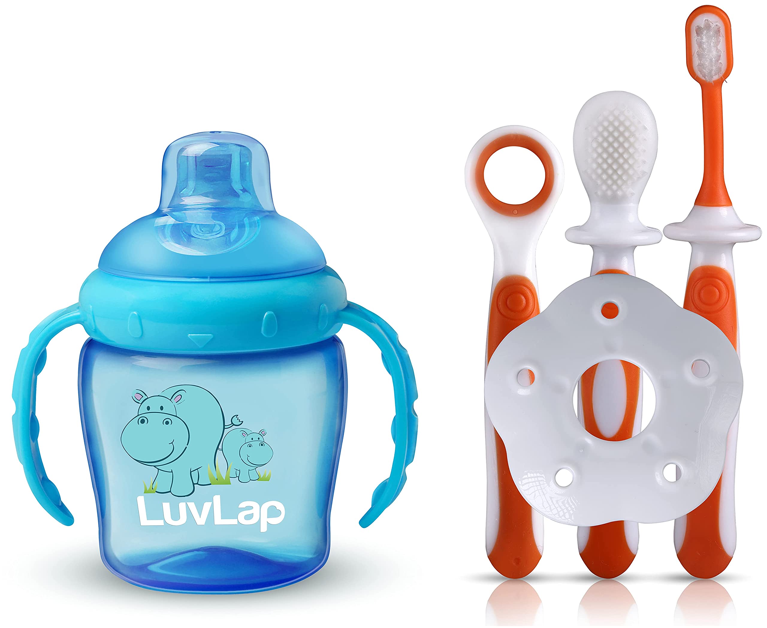 Luvlap Hippo Sipper Blue Baby Training Toothbrush Set with Anti Choking Shield, Teeth Tongue Cleaner, Baby Oral Hygiene, 3 pcs, (White/Orange)-image-3