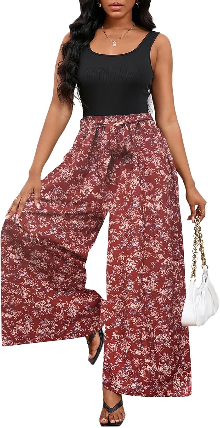 Bdwinz Women Casual Loose Summer Jumpsuit One Piece Print Outfits Sleeveless Wide Leg Pants Romper - Image 3