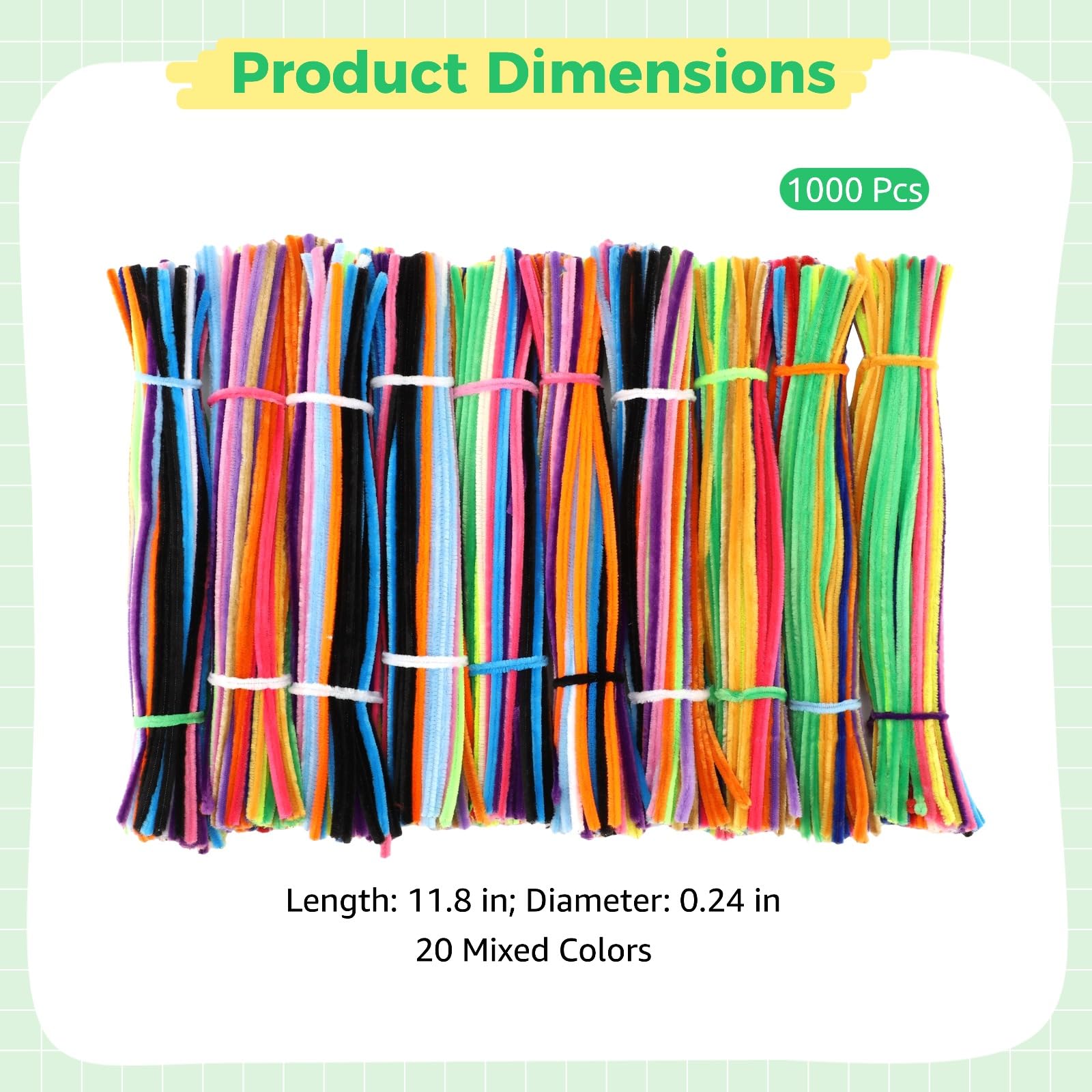 Lot de 1 000 cure-pipes en chenille de 30 cm, 20 couleurs de cure-pipes pour travaux manuels, nettoyeur de tuyaux en peluche pour projets artistiques, activités créatives des tout-petits
