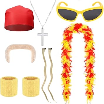 9-Piece Set Hulk Hogan Costume, Adult Retro Wrestling Costume, Wrestling Costume for Kids,Costume Set with Red and Yellow Fur, With Red Hat, Feather Boa and Accessories for Fancy Dress Parties