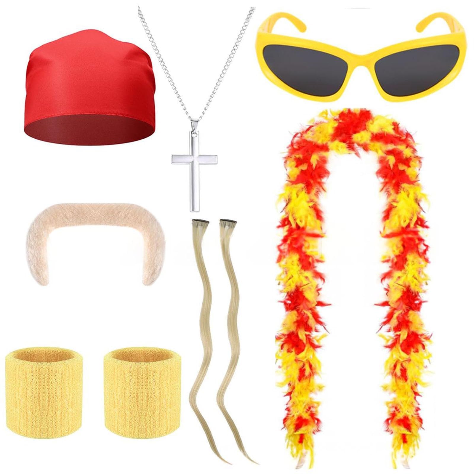 9-Piece Set Hulk Hogan Costume, Adult Retro Wrestling Costume, Wrestling Costume for Kids,Costume Set with Red and Yellow Fur, With Red Hat, Feather Boa and Accessories for Fancy Dress Parties