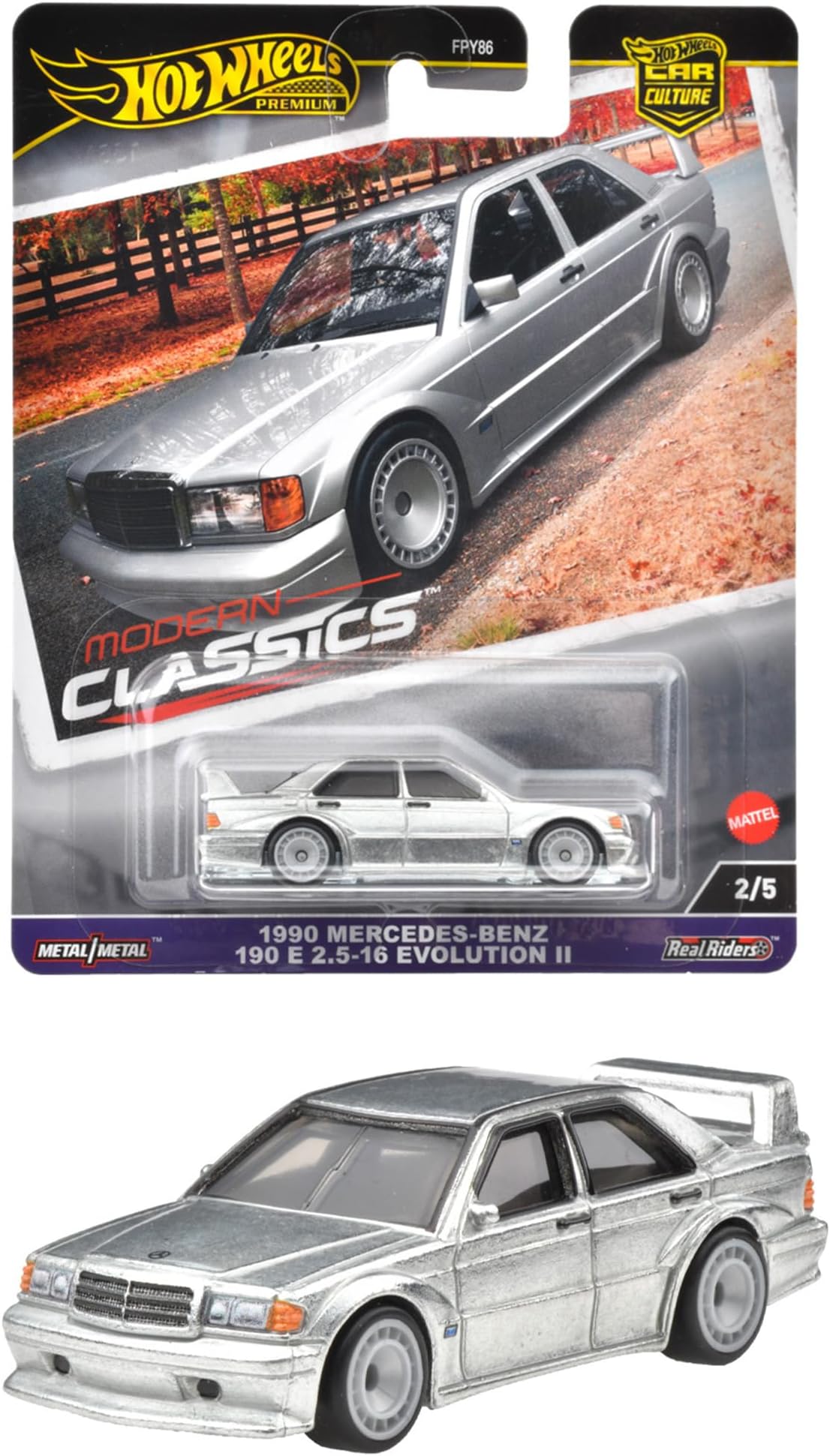 Car Culture Modern Classics Mercedes-Benz 190 E 2.5-16 Evolution II Toy Vehicle Mini Car, Ages 3 and Up, Silver HRV98