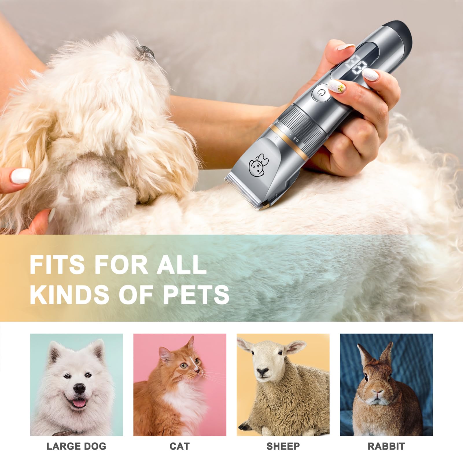 Tondeuse pour Animaux de Compagnie, Tondeuse à Poils D'animaux Silencieuse, Kit de Toilettage avec Peigne, Rasoir à 5 Vitesses pour Cheveux Longs et Emmêlés