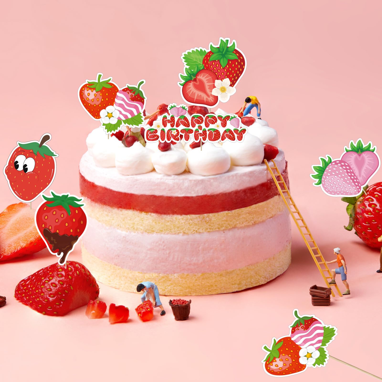 HOKPA 36-Piece Strawberry Cupcake Toppers - Fruit Theme Party Decor For Baby Showers, Birthdays, Desserts
