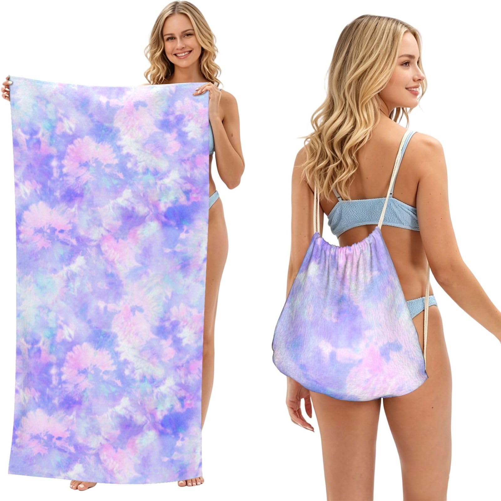 Poadnly As Picture Purple Pastel Tie Dye, 2 In 1 Packable Towel Bag, Beach Towels With Drawstring Backpack For Travel Holiday Camping