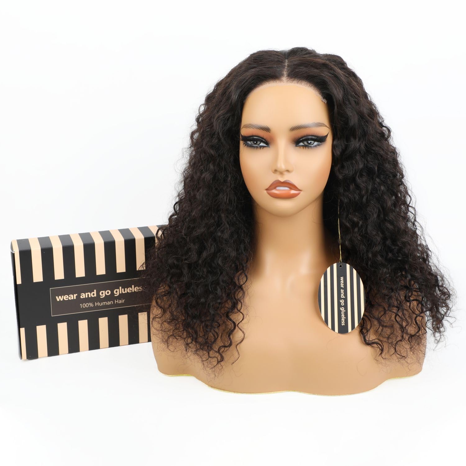 Generic WEAR AND GO GLUELESS 100% Human Hair Wigs Natural Black Color Beginner Friendly Wigs Lace Front Curly Wigs Easy to Wear